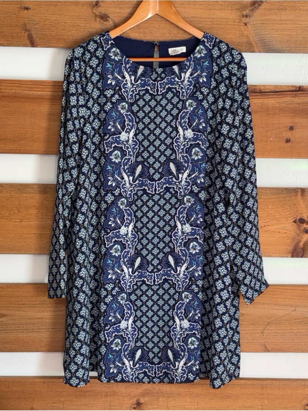 Clover + Scout Keyhole Long Sleeve Geometric Pattern Knee Length Dress Size XL